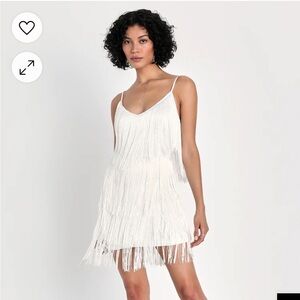 White Lulus Get in the Groove Sequin Fringe Bodycon Dress